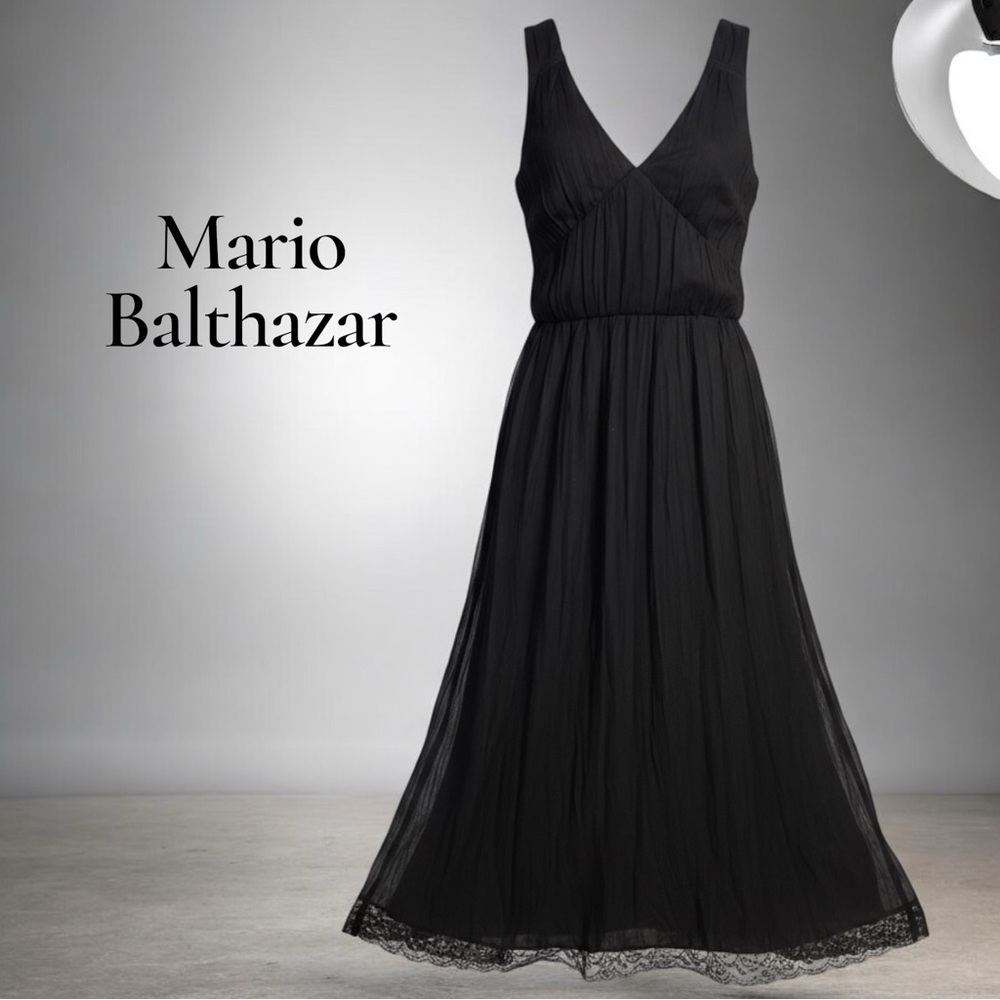 Mario Balthazar Black Sheer Layered Deep V Neck Sleeveless Midi Dress Zip Back